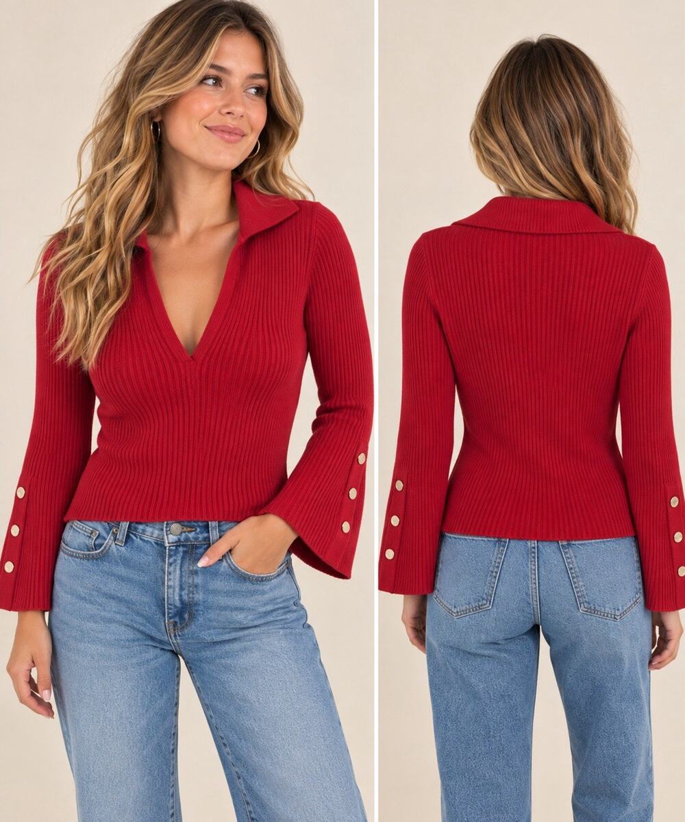 Maeve by Anthropologie Red Ribbed Bell Sleeve V-Neck Collared Sweater Small